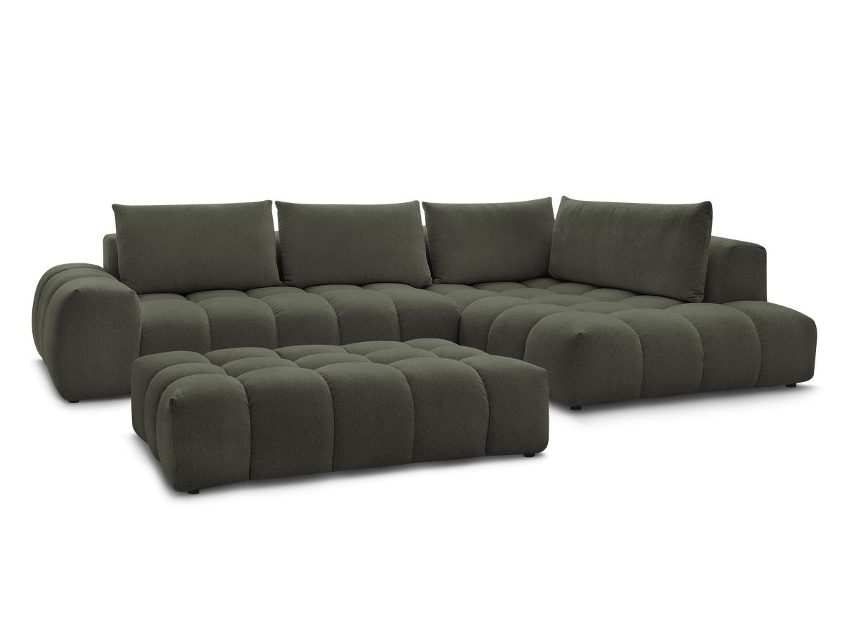 Bobochic Everest Ecksofa mit Schlaffunktion und Pouf, 4 Kissen Melange-Stoff Grün Ecke rechts
