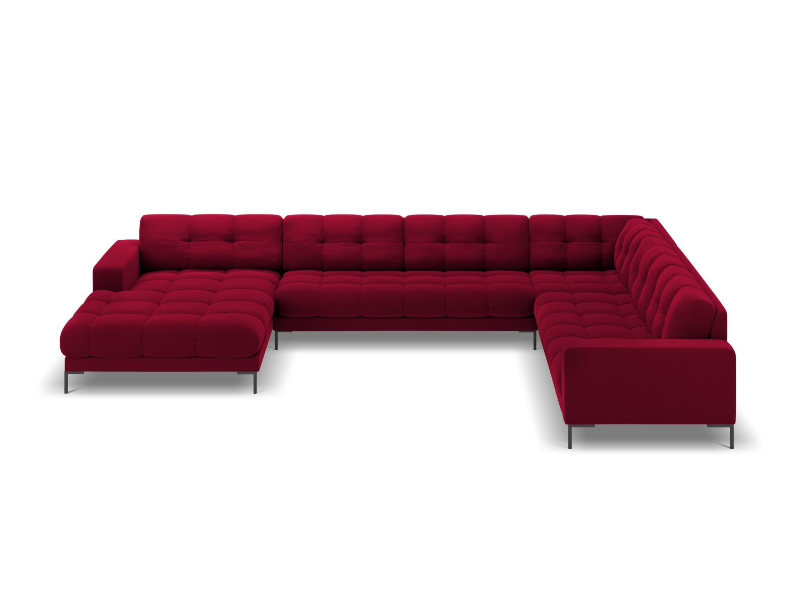 Cosmopolitan Design Panoramasofa Bali 7-Sitzer 327 cm Samt Bluvel Rot Rechts Beine Schwarzes Metall