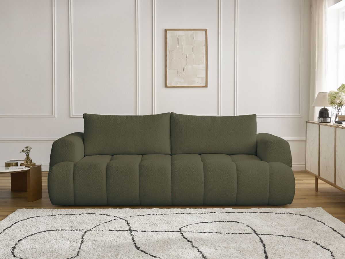 Bobochic Fuji Schlafsofa 3-Sitzer mit Bettkasten Bouclé-Stoff Grün