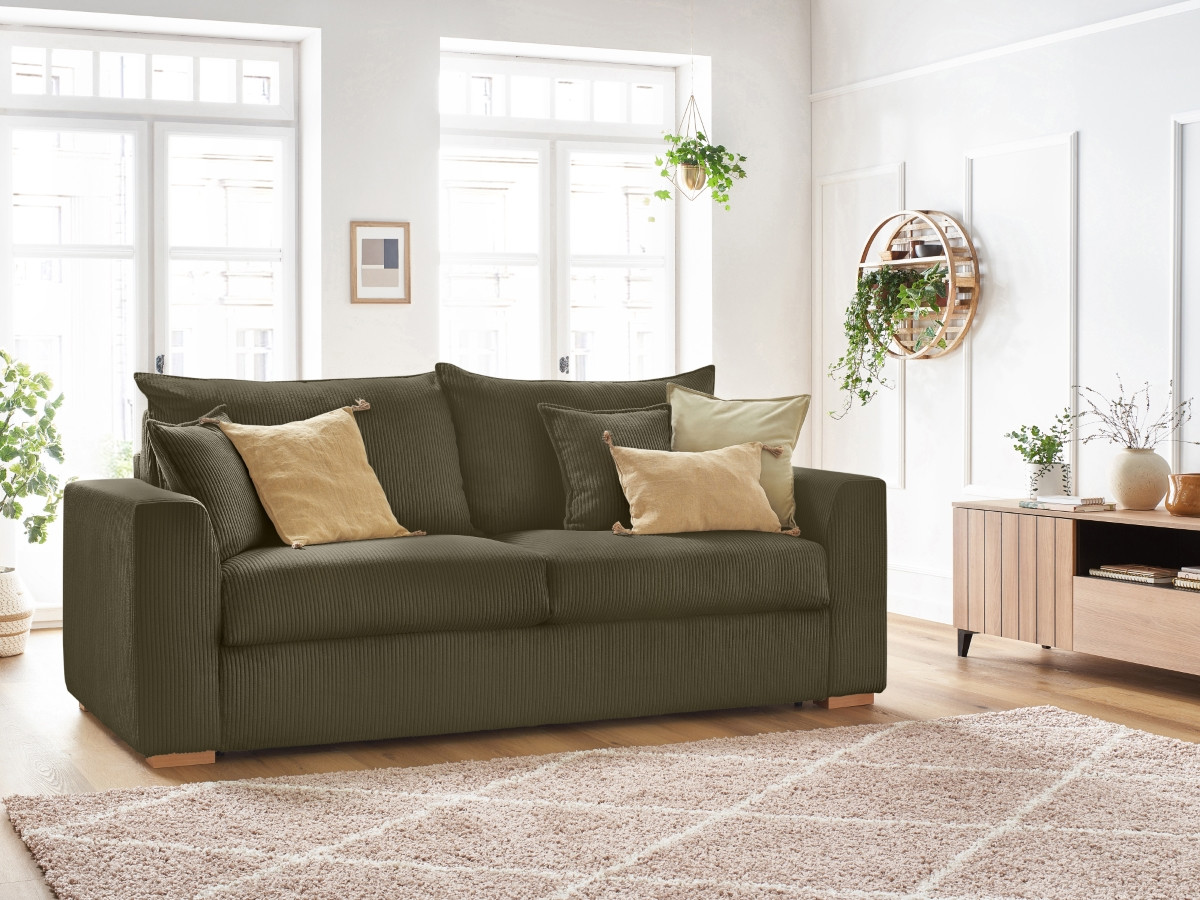 Bobochic Augustin Schlafsofa 3-Sitzer Cordsamt Hellgrün, Liegefläche 140 × 200 cm