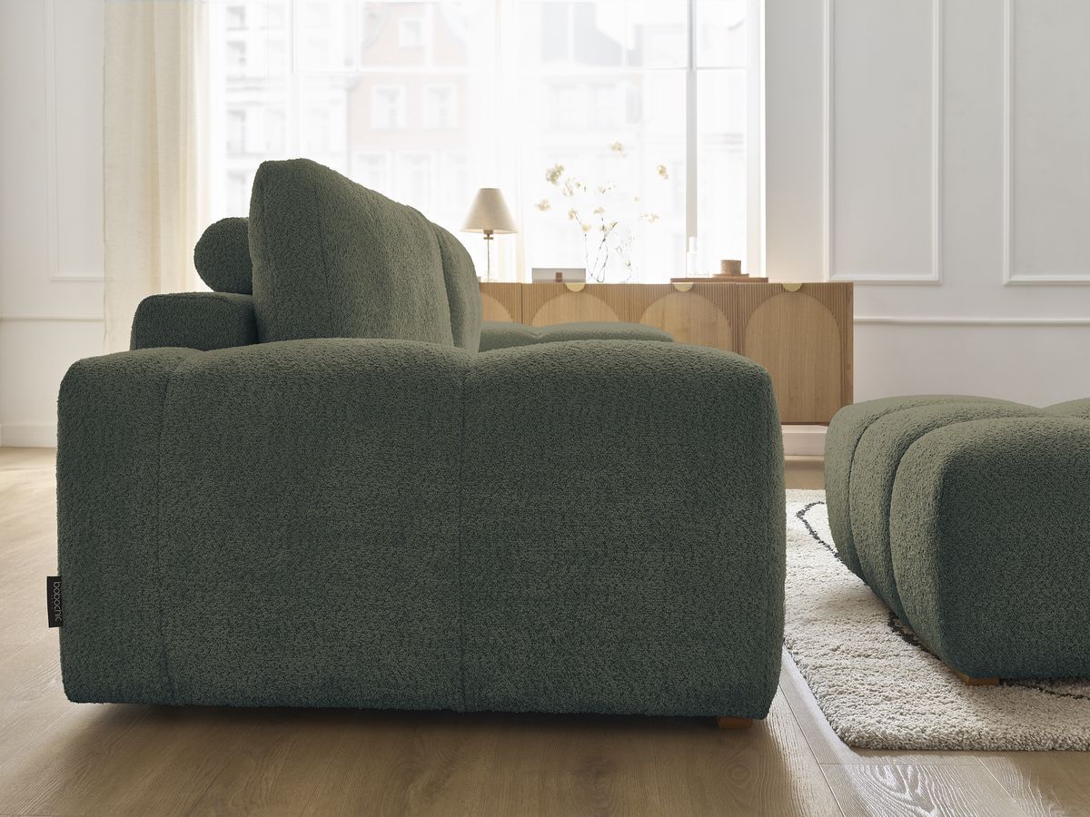 Bobochic Anakin Schlafsofa 3-Sitzer mit Bettkasten und Pouf, 2 Kissen Bouclé-Stoff Grün