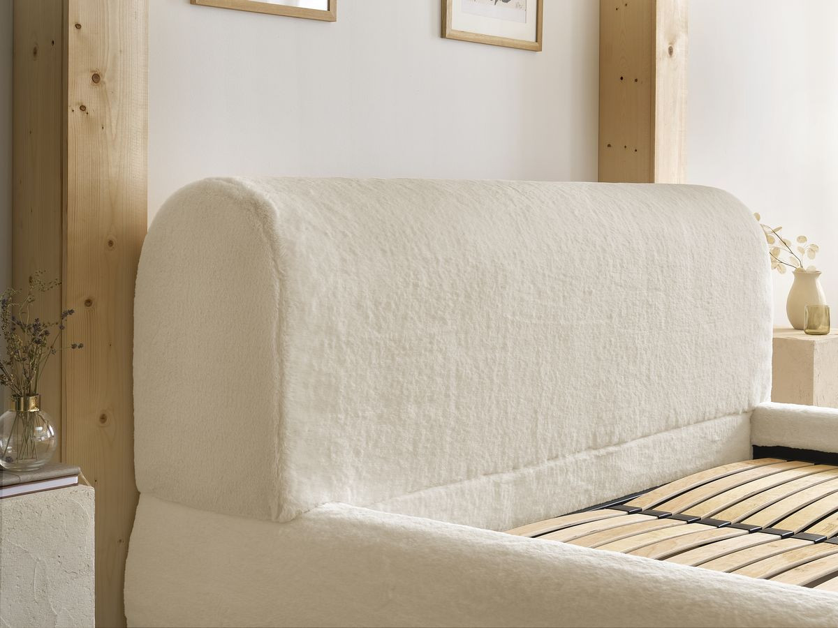 Bobochic Cervin Polsterbett mit Bettkasten Kunstfell Creme