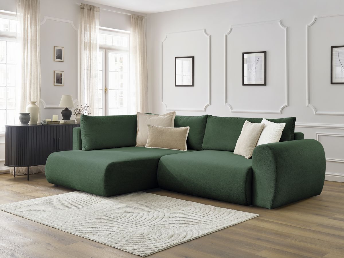 Bobochic Lucien Ecksofa mit Schlaffunktion und Bettkasten 296 × 198 cm Stoff Grün Ecke links