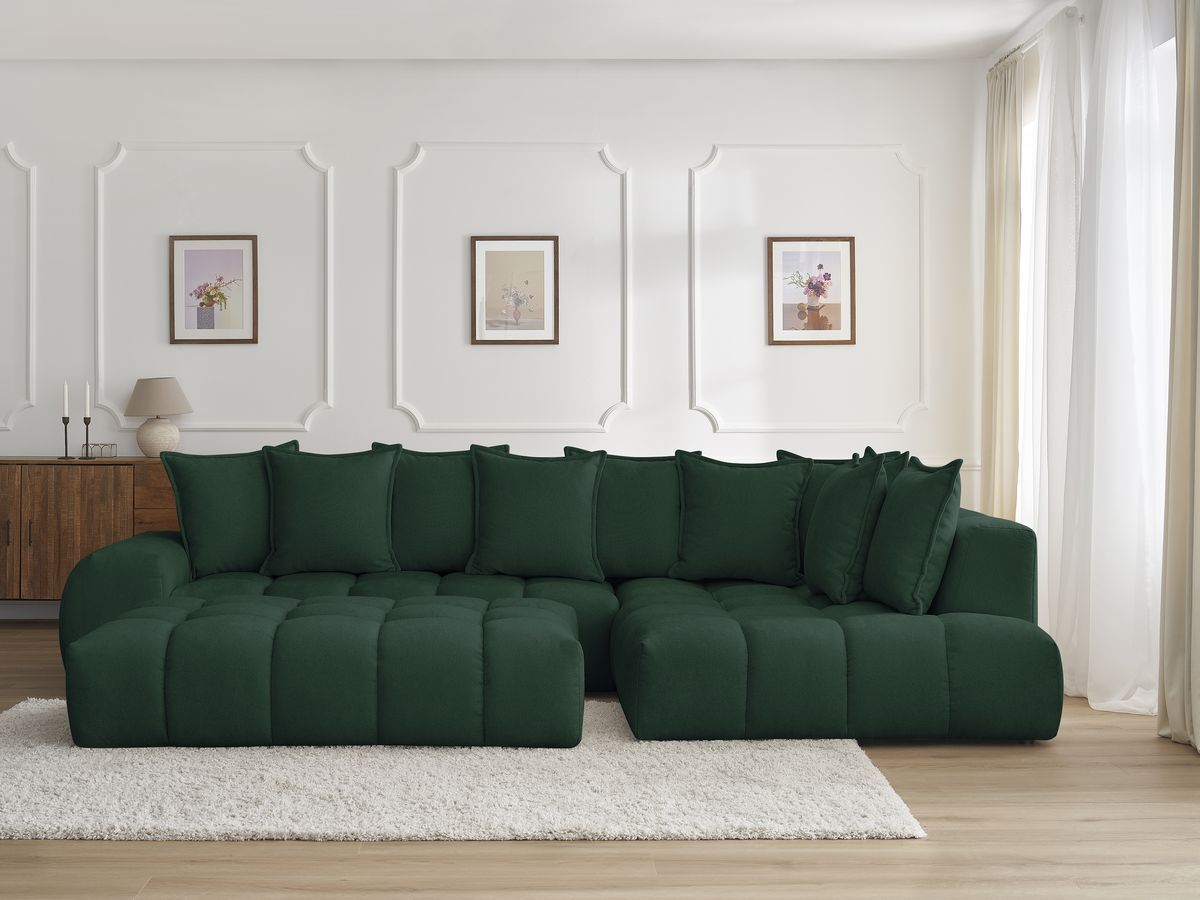 Bobochic Everest Ecksofa mit Schlaffunktion und Pouf, 10 Kissen Strukturstoff Grün Ecke rechts
