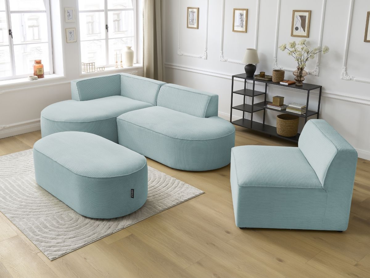 Bobochic Rousseau Ecksofa mit Sofamodul und Pouf Cordsamt Hellblau Ecke links