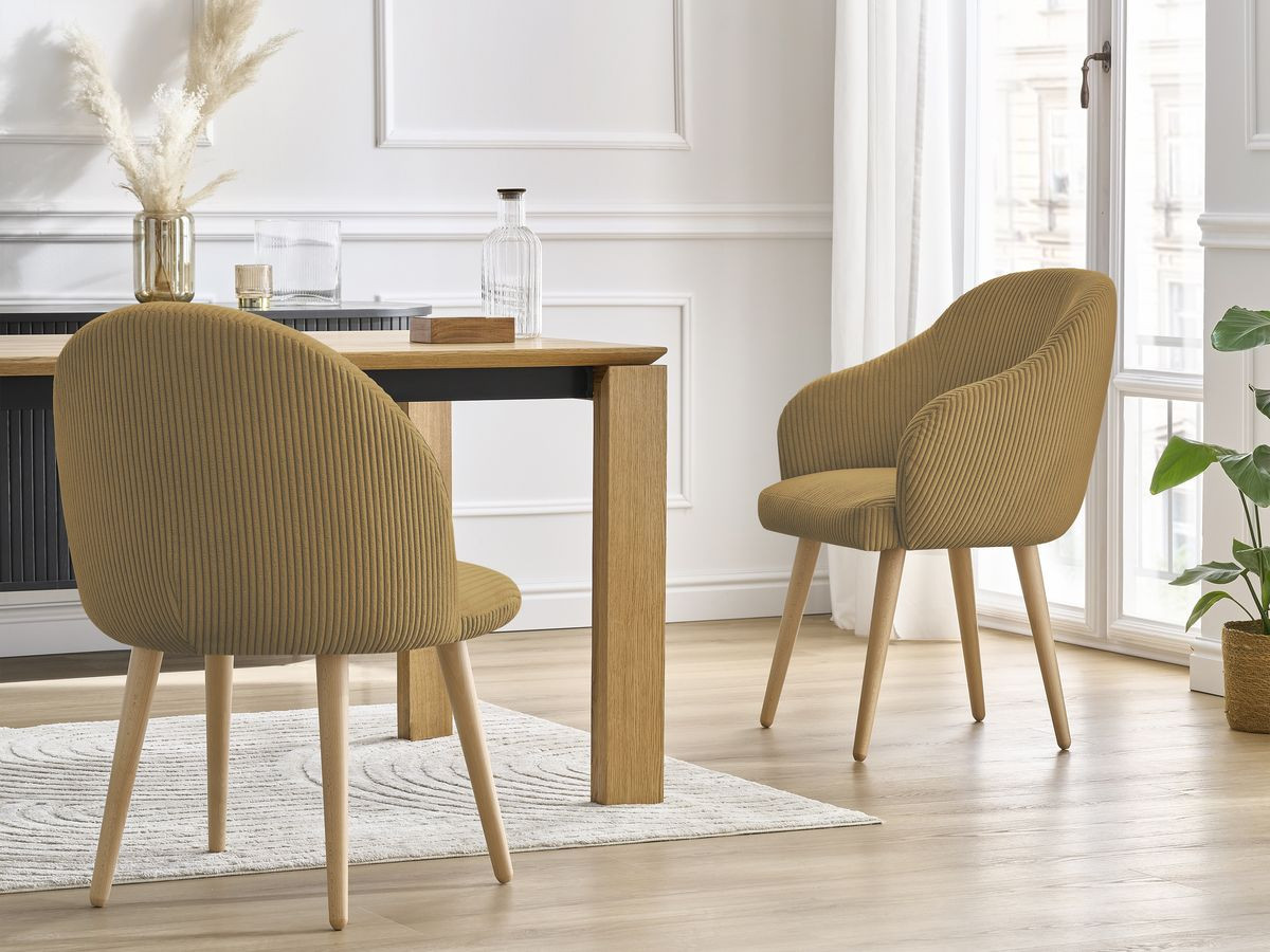 Bobochic Sophie Esszimmerstuhl 4er-Set mit skandinavischen Holzbeinen Cordsamt Gelb