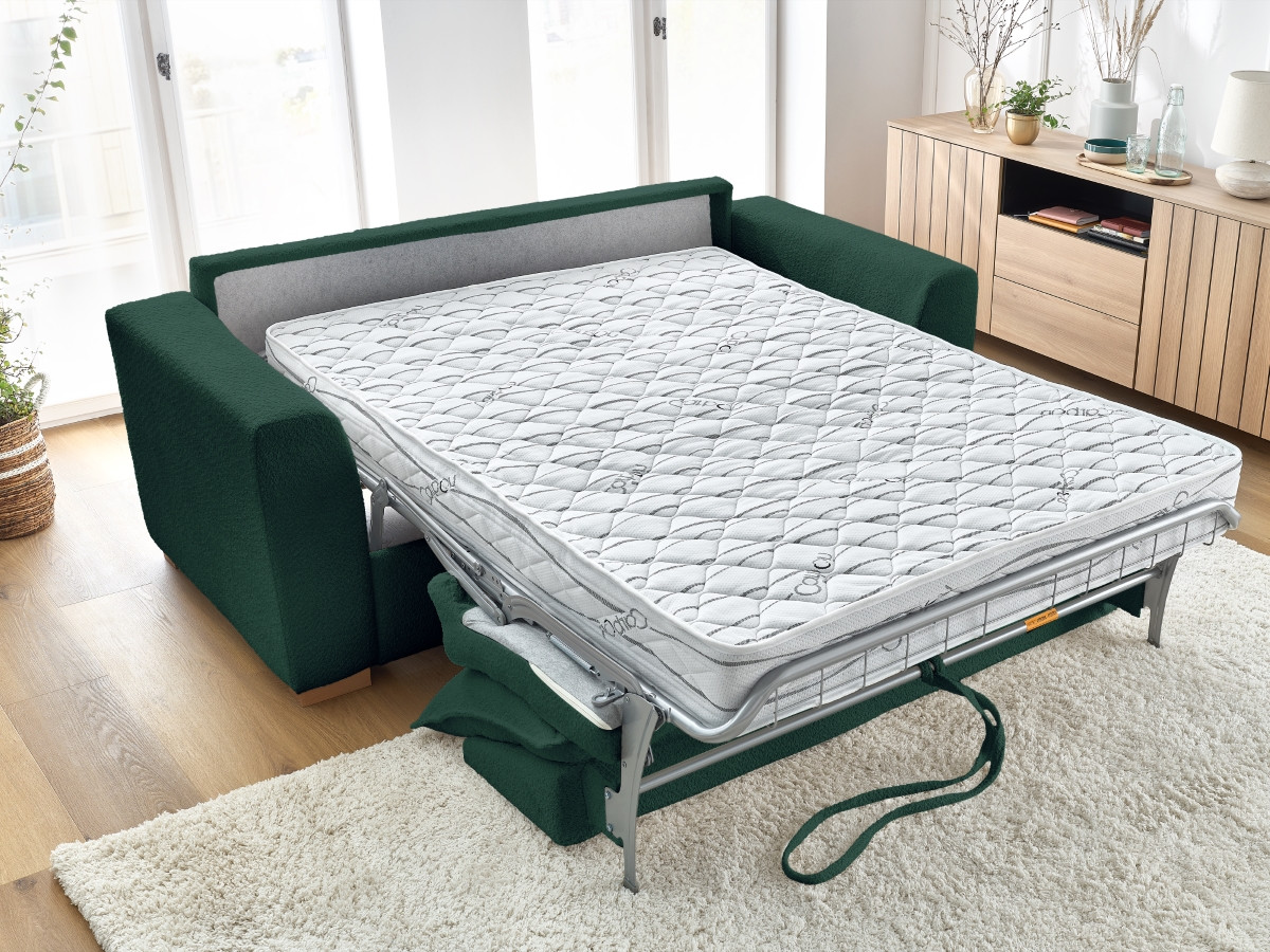Bobochic Augustin Schlafsofa 3-Sitzer Bouclé-Stoff Grün, Liegefläche 140 × 200 cm