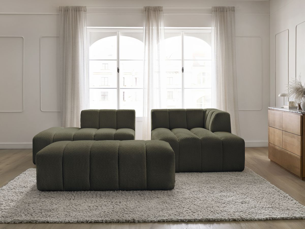 Bobochic Annecy Ecksofa mit Pouf Bouclé-Stoff Grün Ecke rechts