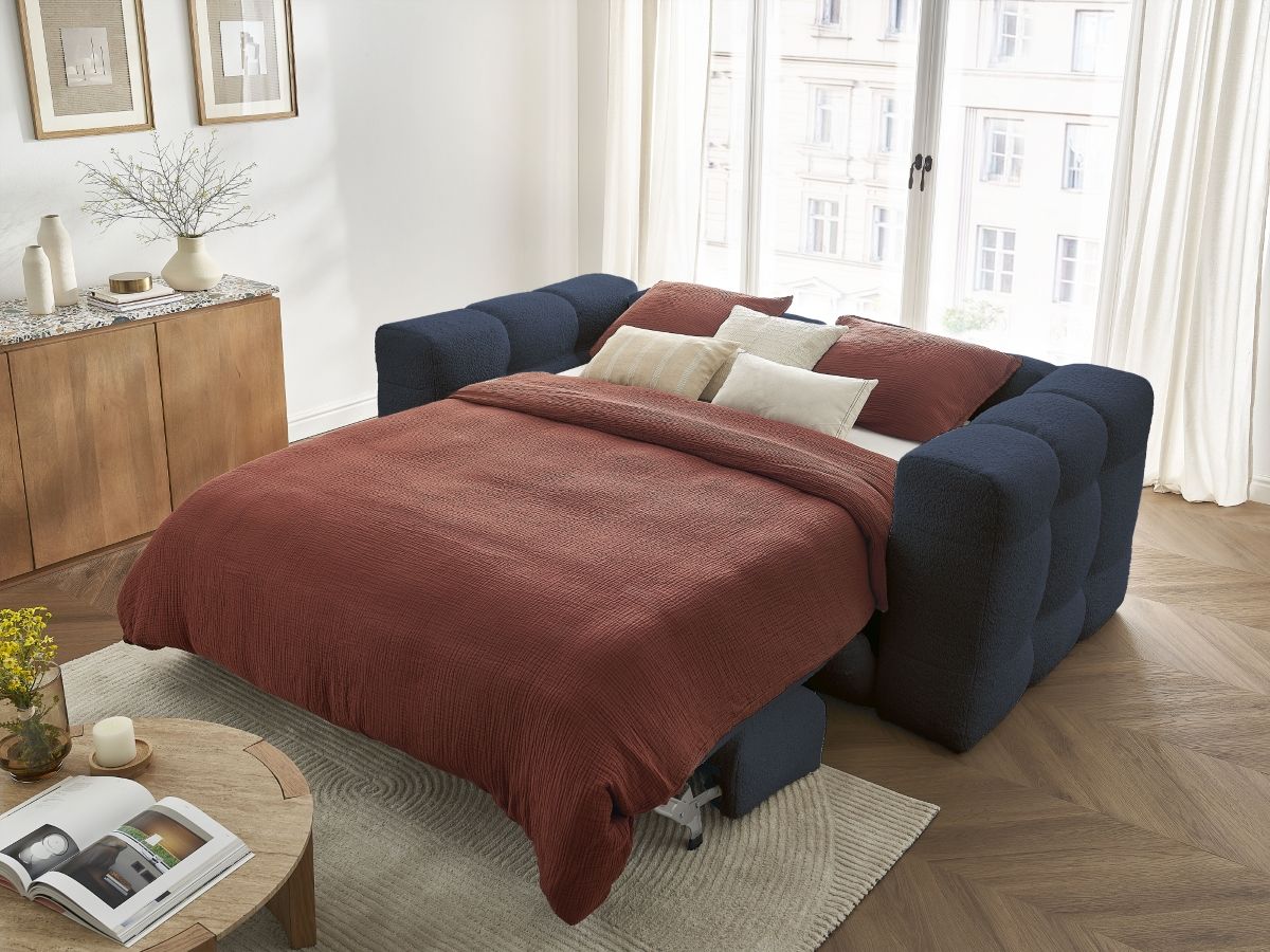 Bobochic Cloud Schlafsofa 3-Sitzer Bouclé-Stoff Dunkelblau