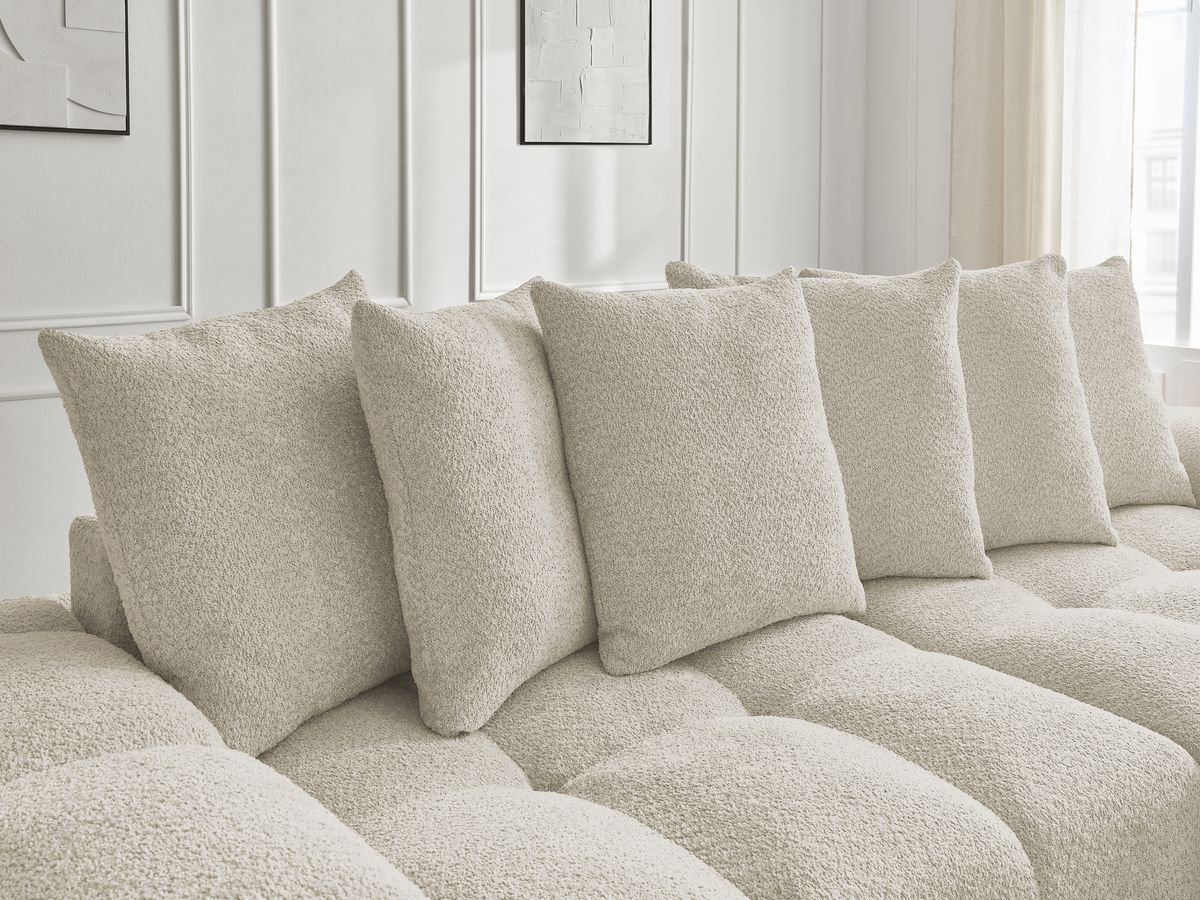Bobochic Anakin Schlafsofa 3-Sitzer mit Bettkasten und Pouf, 6 Kissen Bouclé-Stoff Beige