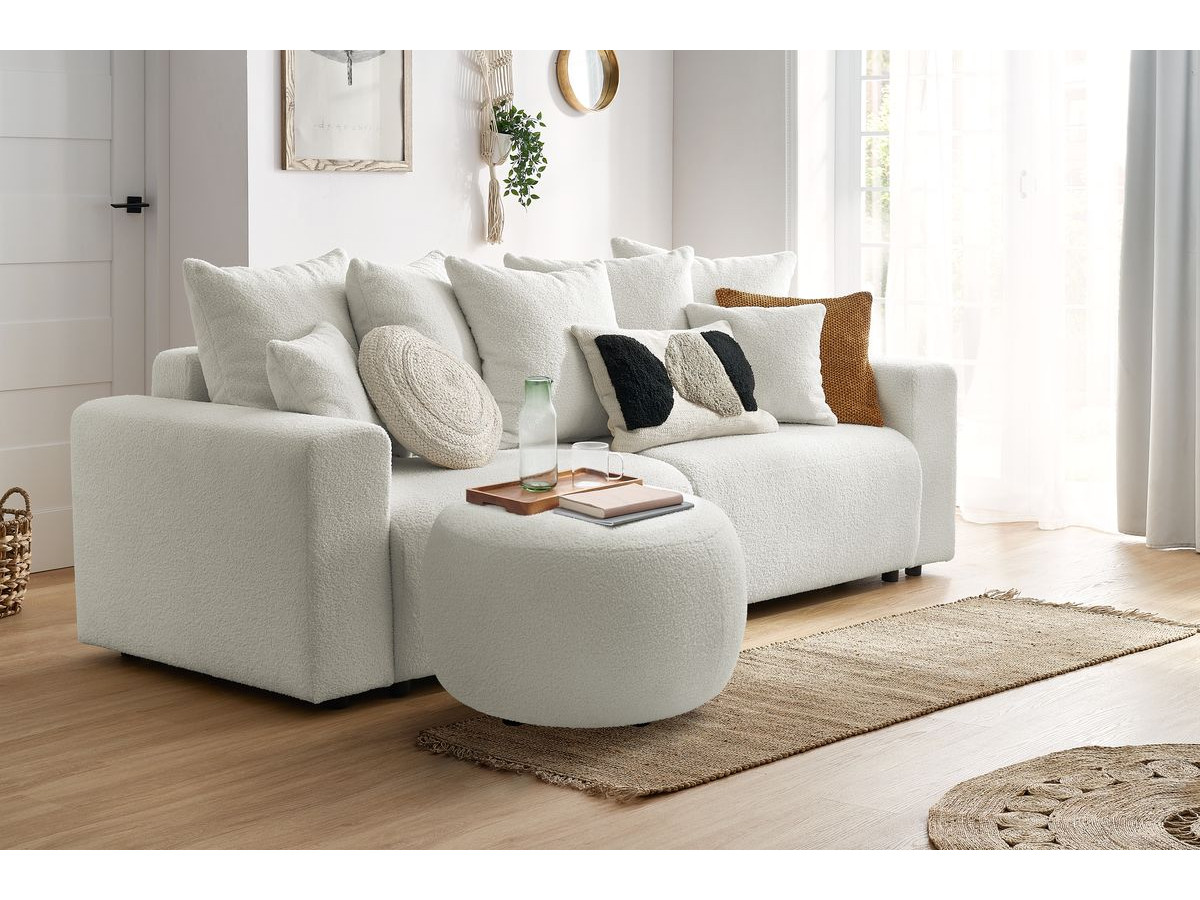 Bobochic Envy Schlafsofa 3-Sitzer mit Bettkasten und rundem Pouf Bouclé-Stoff Weiß