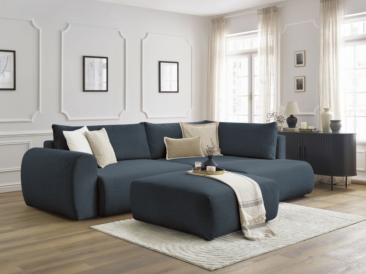 Bobochic Lucien Ecksofa mit Schlaffunktion und Bettkasten und Pouf 296 × 198 cm Stoff Dunkelblau Ecke rechts