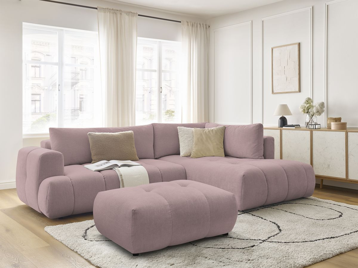 Bobochic Fuji Ecksofa mit Schlaffunktion und Bettkasten und Pouf 282 × 204 cm Stoff Rosa Ecke rechts