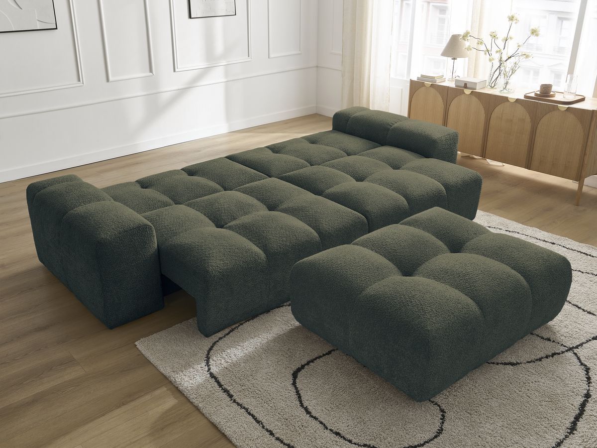 Bobochic Anakin Schlafsofa 3-Sitzer mit Bettkasten und Pouf, 2 Kissen Bouclé-Stoff Grün