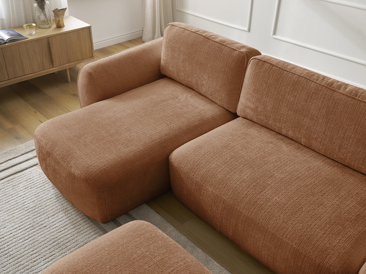 Bobochic Denise Ecksofa mit Schlaffunktion und Bettkasten und Pouf 258 × 160 cm Strukturstoff Orange Ecke links
