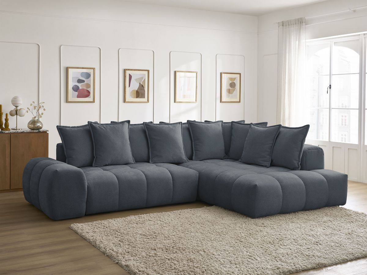 Bobochic Everest Ecksofa mit Schlaffunktion und Bettkasten 320 × 212 cm, 10 Kissen Strukturstoff Dunkelblau Ecke rechts
