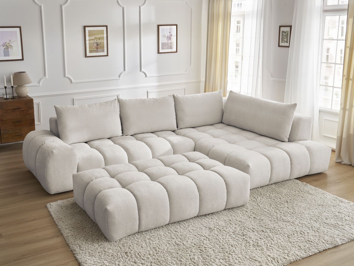 Bobochic Everest Ecksofa mit Schlaffunktion und Pouf, 4 Kissen Strukturstoff Beige Ecke rechts