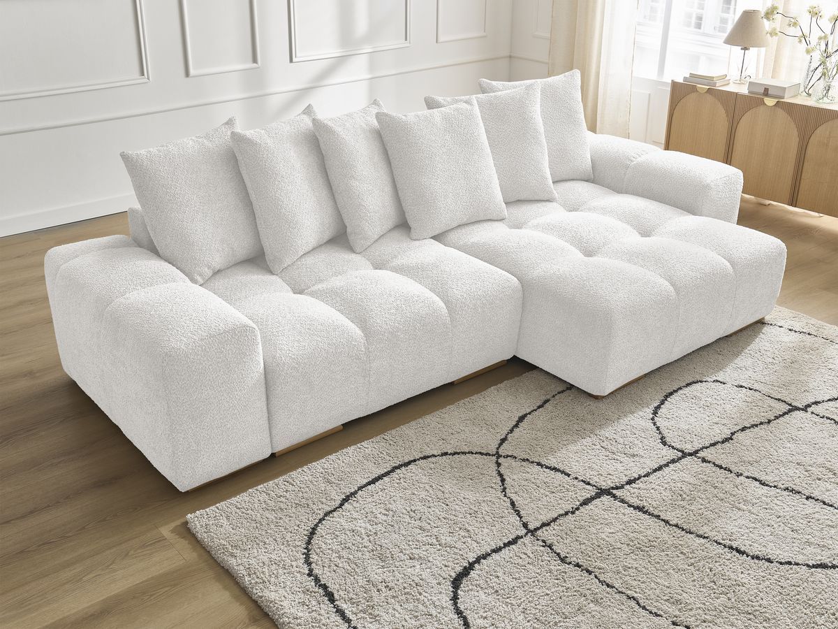 Bobochic Anakin Ecksofa mit Schlaffunktion und Bettkasten, 6 Kissen Bouclé-Stoff Weiß