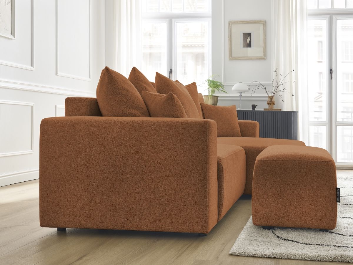 Bobochic Atilla Ecksofa mit Schlaffunktion und Bettkasten und Pouf Melange-Stoff Orange Ecke rechts