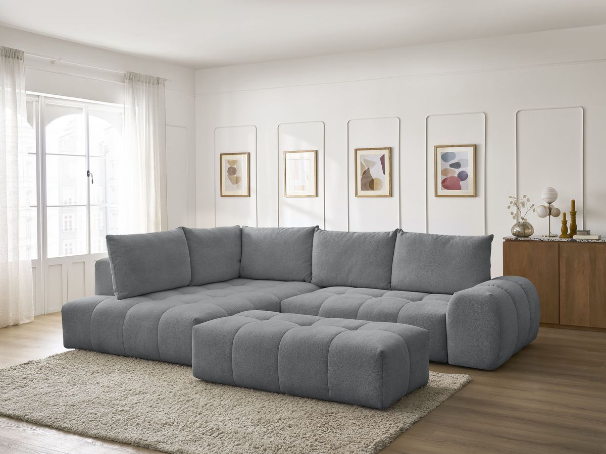 Bobochic Everest Ecksofa mit Schlaffunktion und Bettkasten und Pouf 320 × 212 cm, 5 Kissen Melange-Stoff Dunkelgrau Ecke links