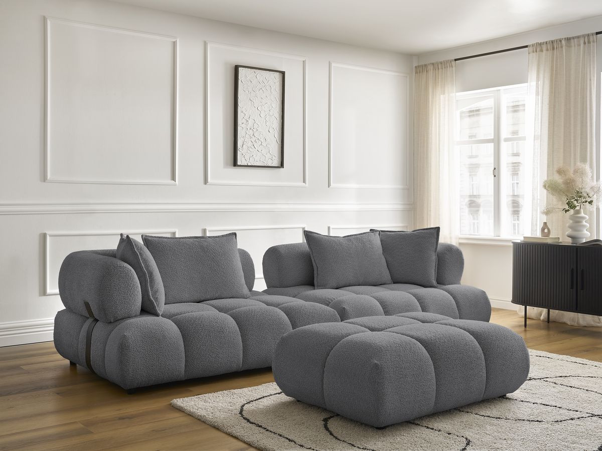 Bobochic Alya Sofa 4-Sitzer mit Pouf Bouclé-Stoff Dunkelgrau
