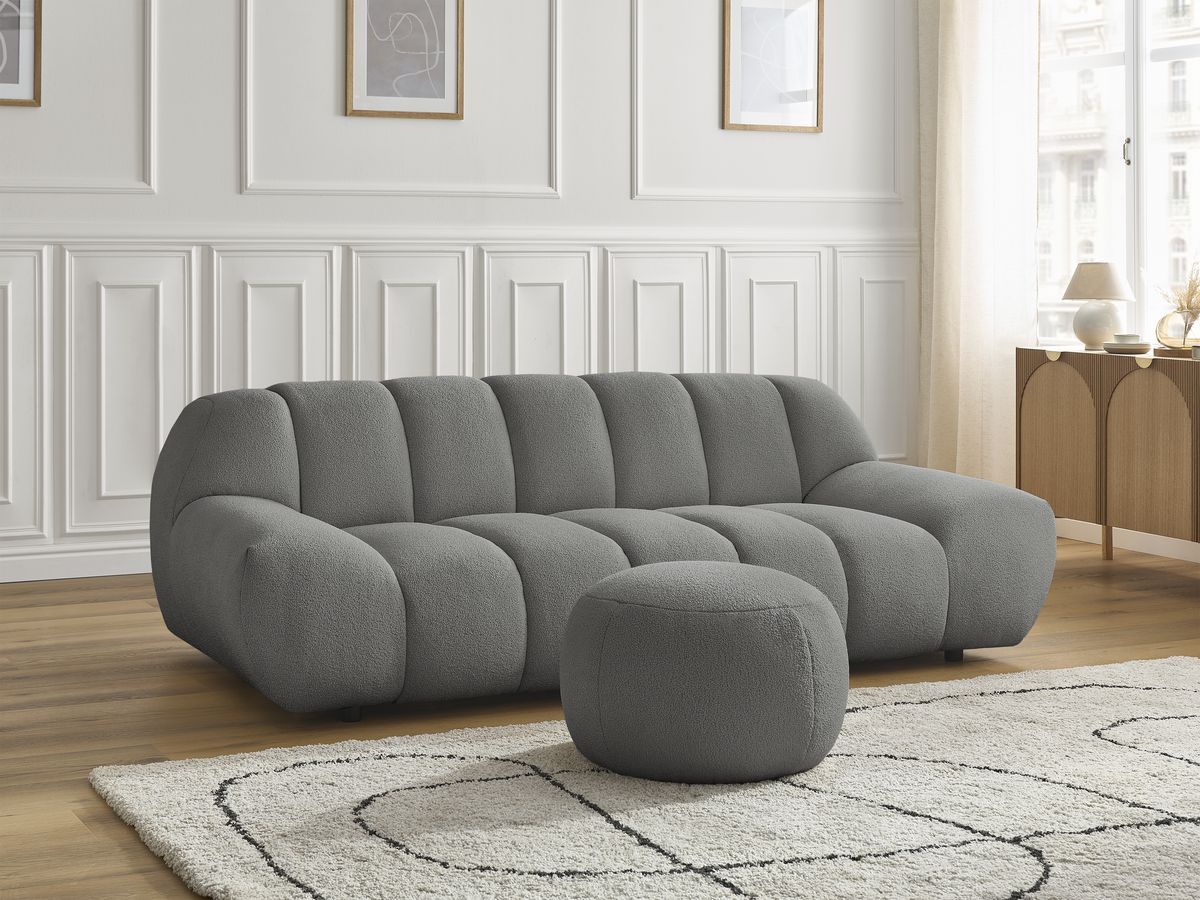 Bobochic Hayden Sofa 3-Sitzer mit Pouf 226 × 107 cm Bouclé-Stoff Dunkelgrau