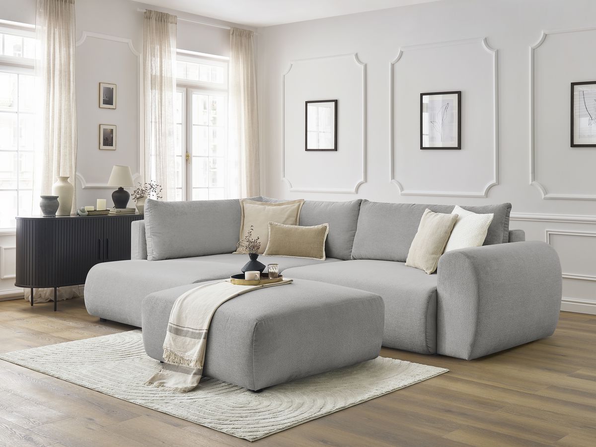 Bobochic Lucien Ecksofa mit Schlaffunktion und Bettkasten und Pouf 296 × 198 cm Stoff Hellgrau Ecke links