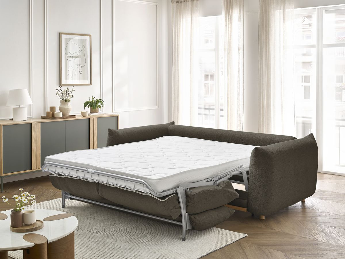 Bobochic Ernest Schlafsofa 3-Sitzer, Liegefläche 190 × 140 / 160 cm Bouclé-Stoff Braun, Liegefläche 160 × 190 cm