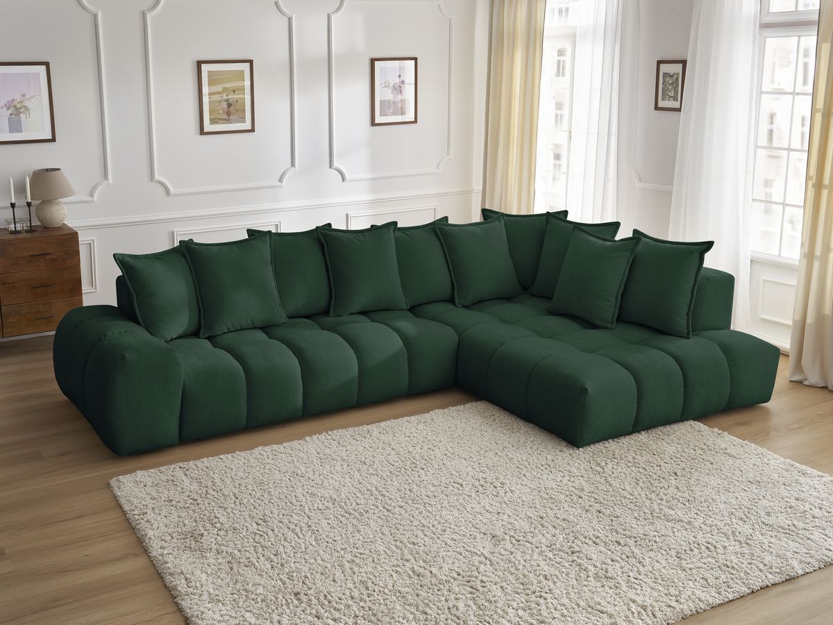 Bobochic Everest Ecksofa, 10 Kissen Strukturstoff Grün Ecke rechts