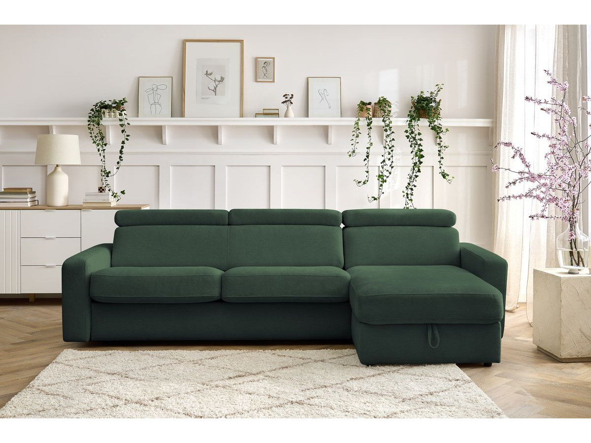 Bobochic Monaco Ecksofa mit Schlaffunktion und Bettkasten Stoff Grün, Liegefläche 140 × 190 cm