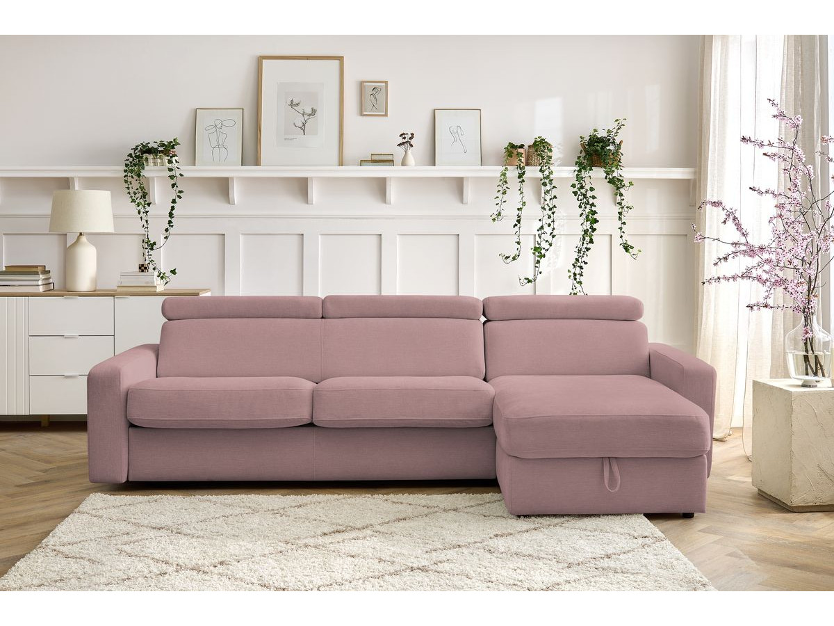 Bobochic Monaco Ecksofa mit Schlaffunktion und Bettkasten Stoff Rosa, Liegefläche 140 × 190 cm