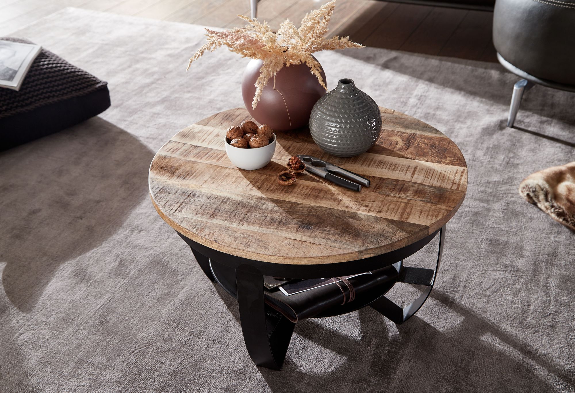 Couchtisch Sandur Mango Massivholz Schwarz Ø 60 cm