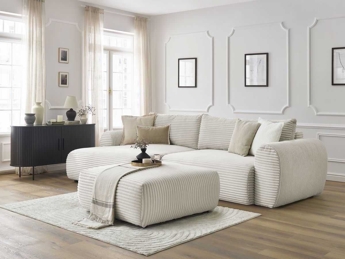 Bobochic Lucien Ecksofa mit Schlaffunktion und Bettkasten und Pouf 314 × 167 cm Breitcord weich Beige Ecke links