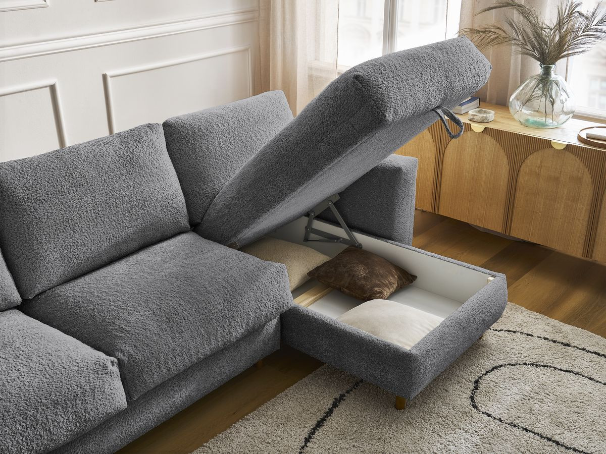 Bobochic Cocoone Ecksofa mit Schlaffunktion und Bettkasten Bouclé-Stoff Dunkelgrau, Liegefläche 140 × 200 cm