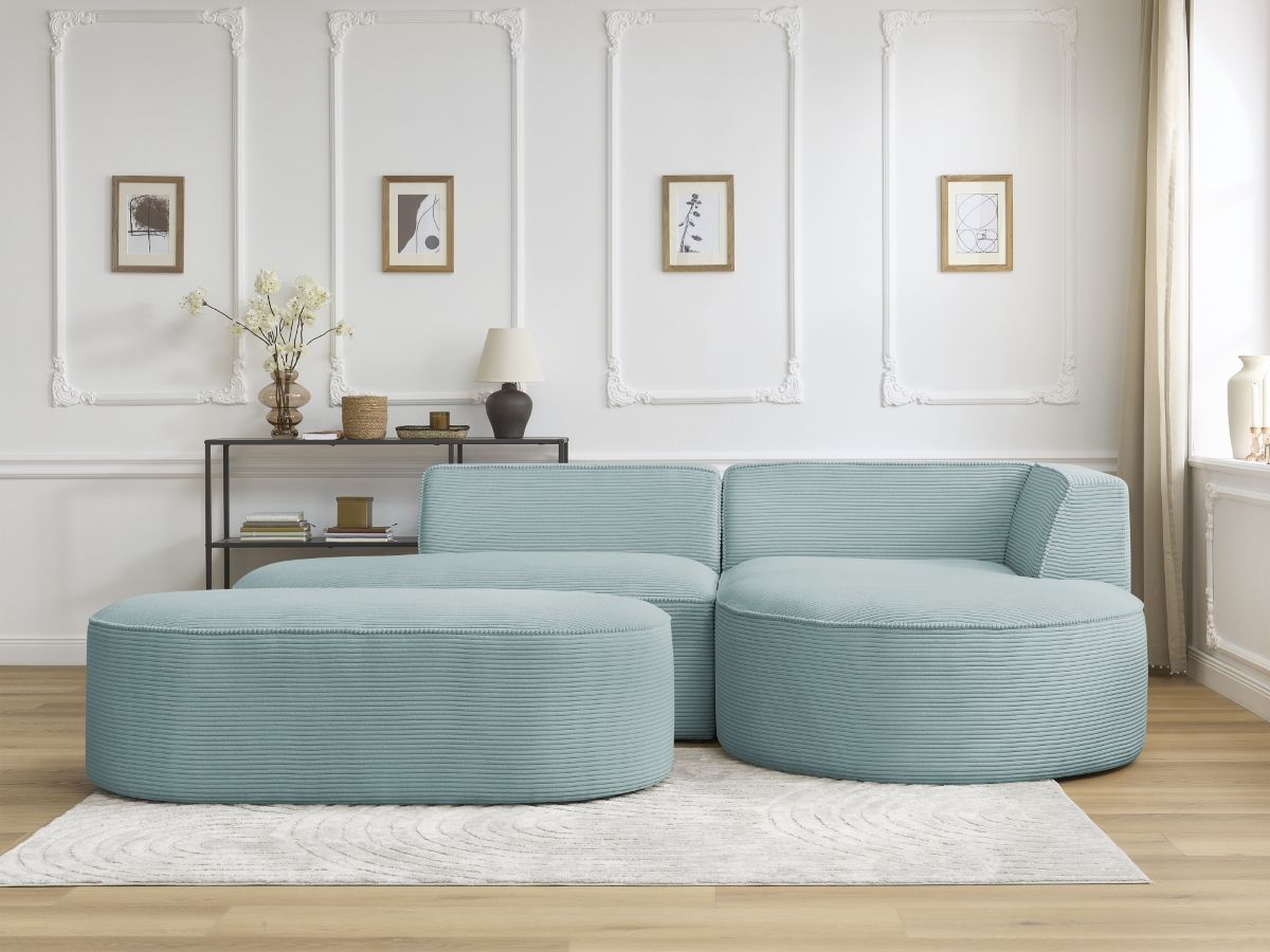 Bobochic Rousseau Ecksofa mit Pouf Cordsamt Hellblau Ecke rechts