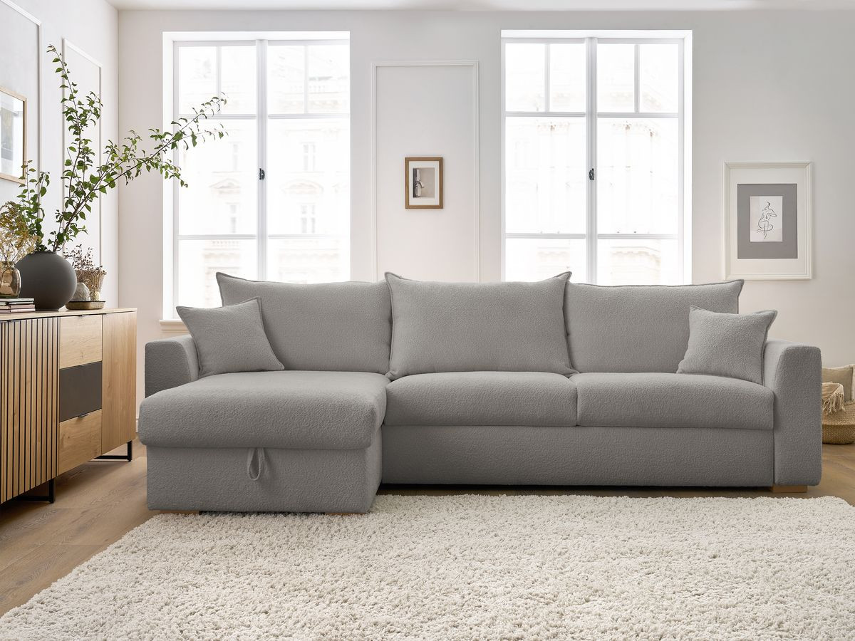 Bobochic Augustin Ecksofa mit Schlaffunktion und Bettkasten Bouclé-Stoff Hellgrau, Liegefläche 160 × 200 cm