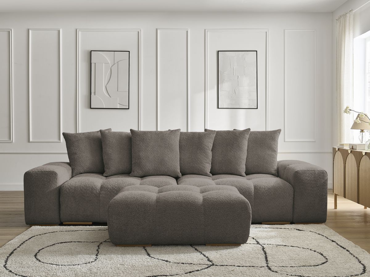 Bobochic Anakin Sofa 3-Sitzer mit Pouf, 6 Kissen Bouclé-Stoff Braun