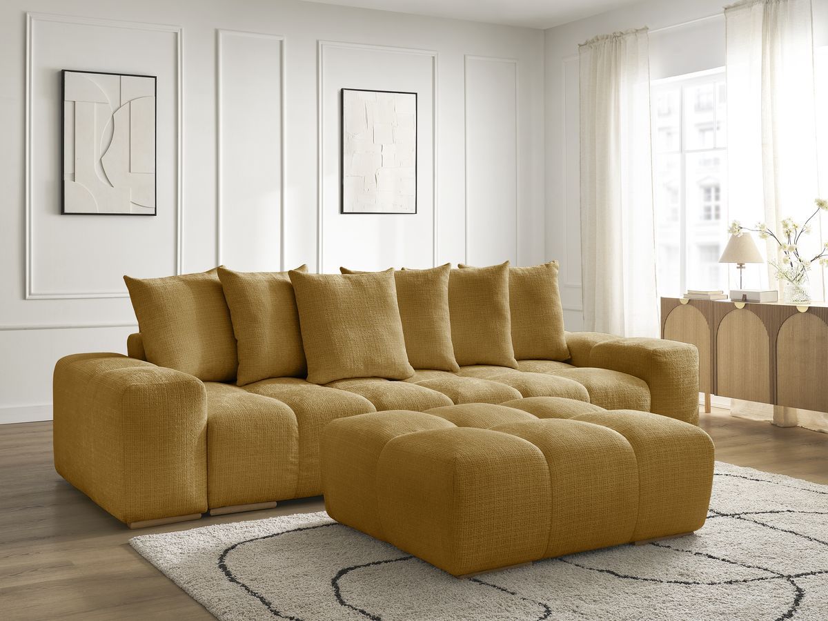 Bobochic Anakin Sofa 3-Sitzer mit Pouf, 6 Kissen Strukturstoff Gelb