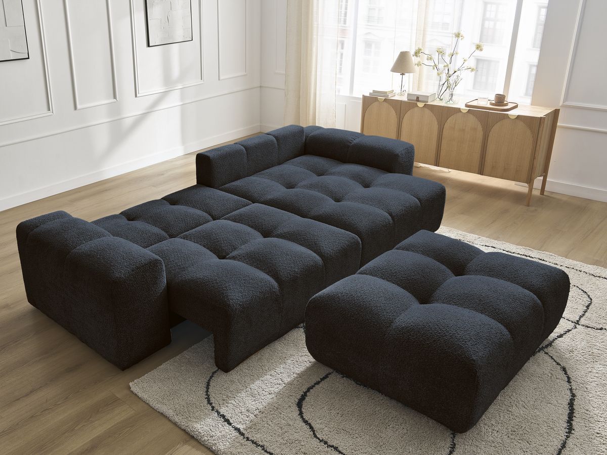 Bobochic Anakin Ecksofa mit Schlaffunktion und Bettkasten und Pouf, 6 Kissen Bouclé-Stoff Dunkelblau