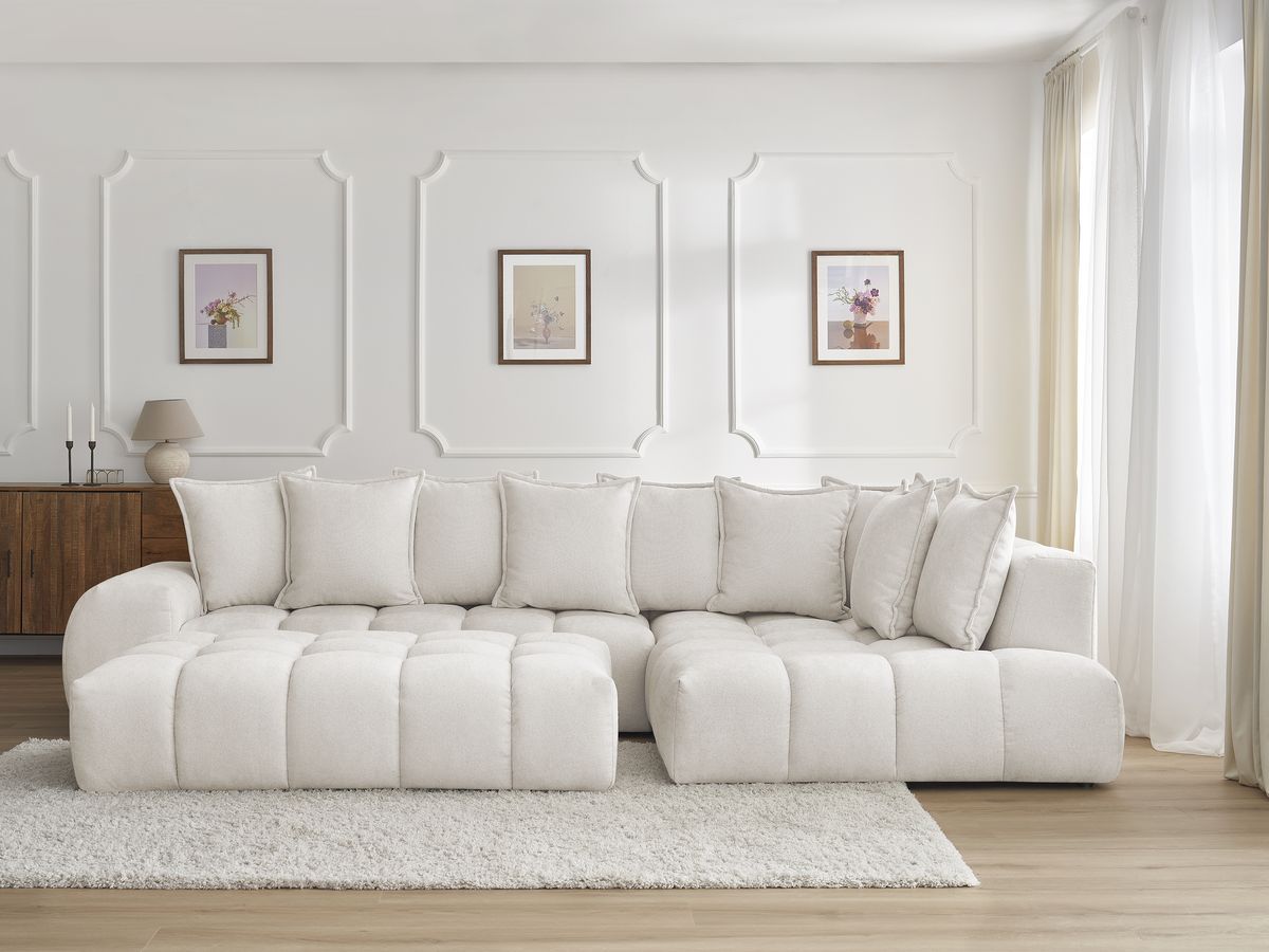 Bobochic Everest Ecksofa mit Schlaffunktion und Pouf, 10 Kissen Strukturstoff Weiß Ecke rechts