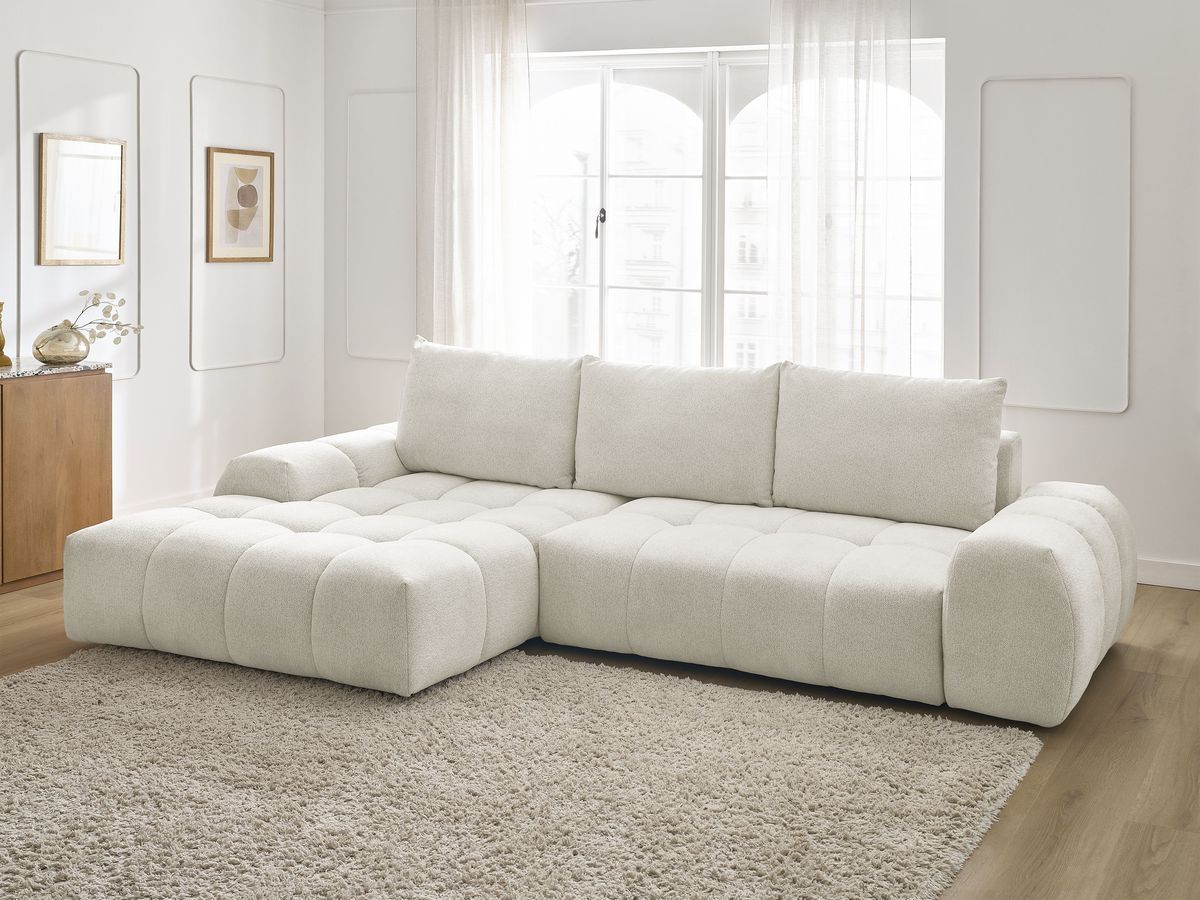 Bobochic Everest Ecksofa mit Schlaffunktion und Bettkasten 318 × 180 cm, 3 Kissen Melange-Stoff Weiß Ecke links