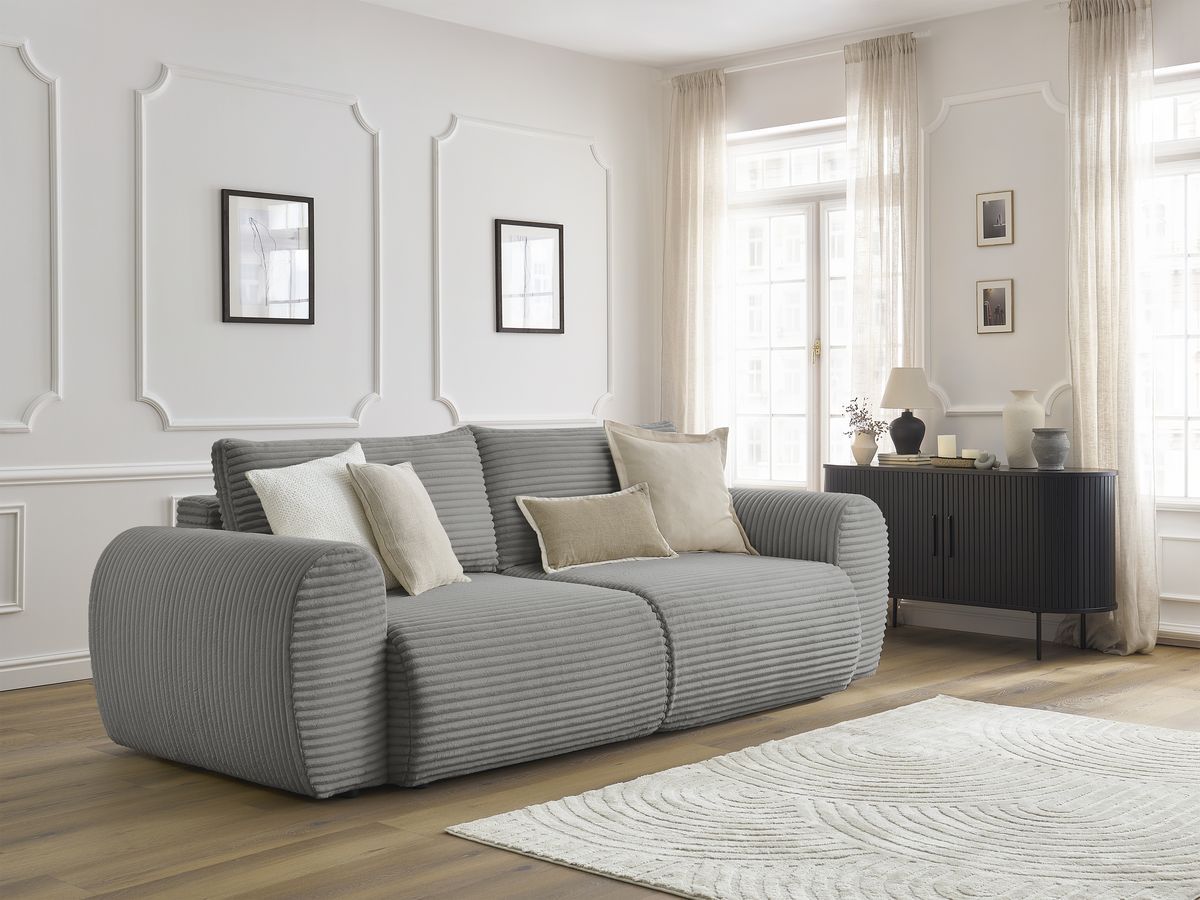Bobochic Lucien Schlafsofa 3-Sitzer mit Bettkasten Breitcord weich Dunkelgrau