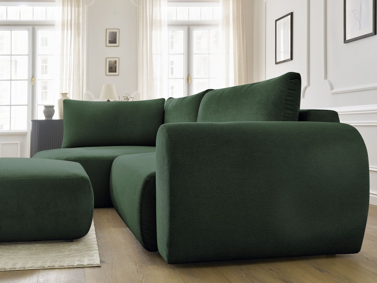 Bobochic Lucien Ecksofa mit Schlaffunktion und Bettkasten und Pouf 296 × 198 cm Stoff Grün Ecke links