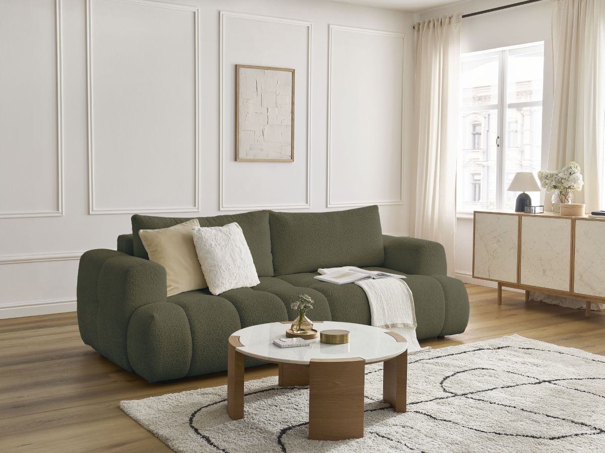 Bobochic Fuji Schlafsofa 3-Sitzer mit Bettkasten Bouclé-Stoff Grün