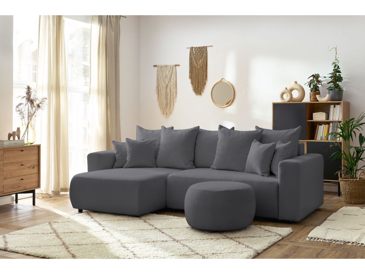 Bobochic Envy Ecksofa mit Schlaffunktion und Bettkasten und rundem Pouf Bouclé-Stoff Dunkelgrau