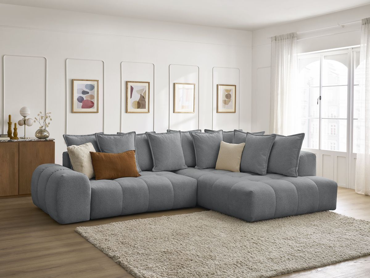 Bobochic Everest Ecksofa mit Schlaffunktion und Bettkasten 320 × 212 cm, 10 Kissen Melange-Stoff Dunkelgrau Ecke rechts