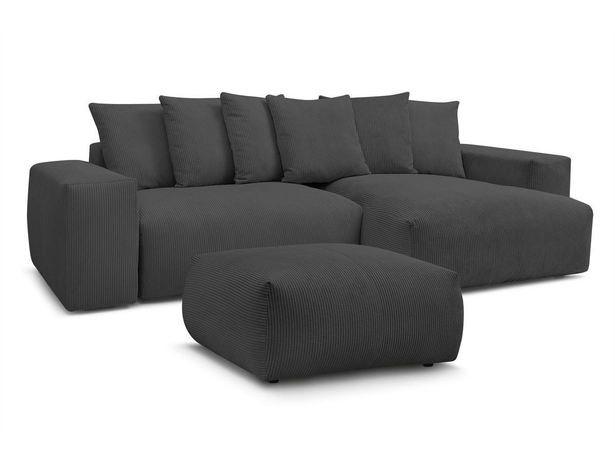 Bobochic Voltaire Ecksofa mit Schlaffunktion und Bettkasten und Pouf Cordsamt Dunkelgrau