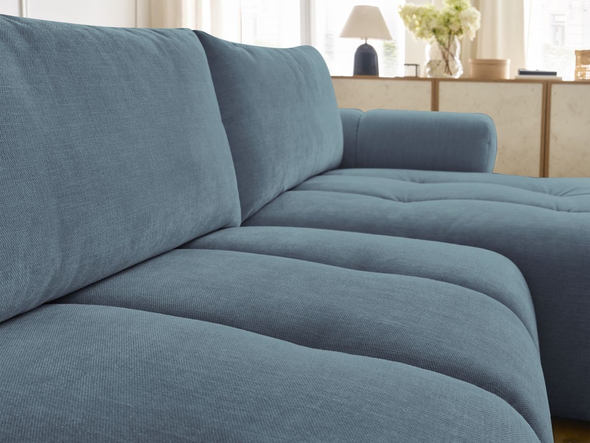 Bobochic Fuji Ecksofa mit Schlaffunktion und Bettkasten und Pouf 292 × 160 cm Stoff Hellblau Ecke rechts