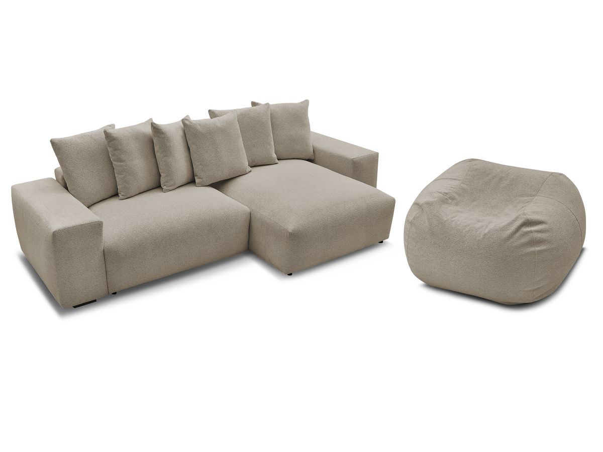 Bobochic Voltaire Ecksofa mit Schlaffunktion und Bettkasten und Pouf Melange-Stoff Taupe