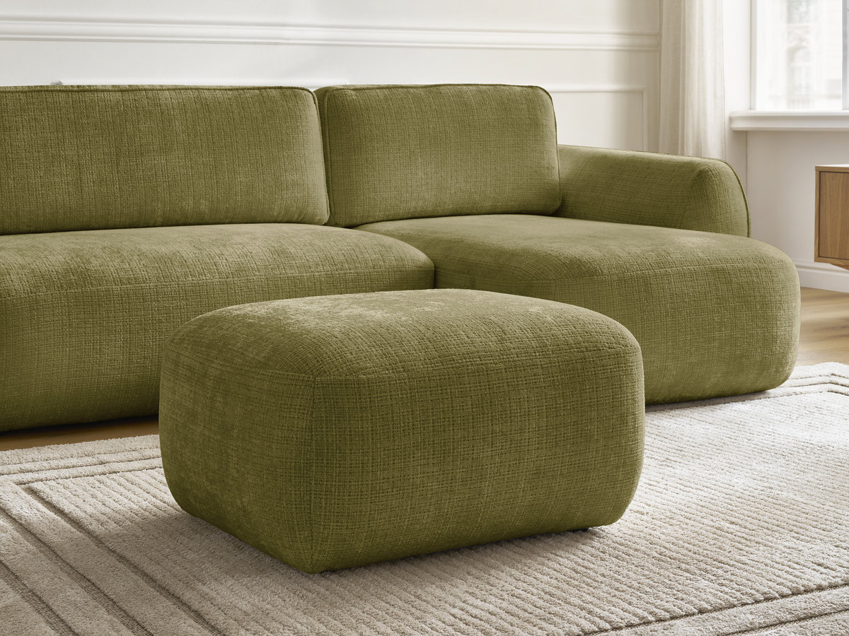 Bobochic Denise Ecksofa mit Schlaffunktion und Bettkasten und Pouf 258 × 160 cm Strukturstoff Grün Ecke rechts